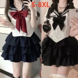 Japanese School Uniform Jk Plus Size S-8XL Sailor Uniform Korean Preppy Girl Navy Collar Bow Pommel Skirt Suit for Women