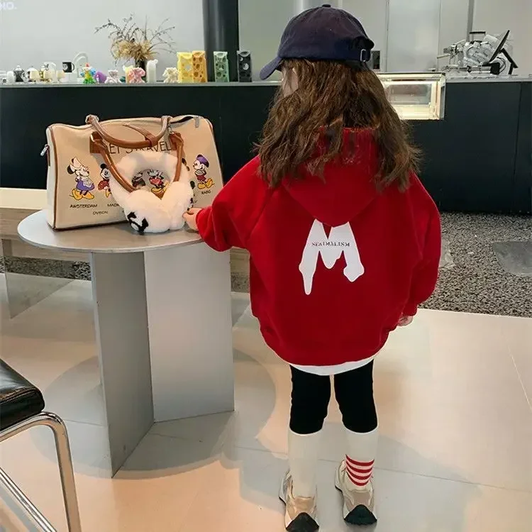 Girls Hoodies Children 2024 New Autumn and Winter Clothing Plus Fleece Hoodie Girls Fashion Bright Red Casual Hooded Top