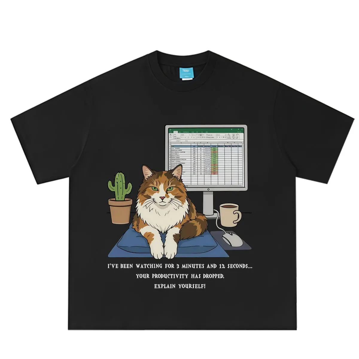 Cat Working Overtime Funny Meme T-shirt Men Women Fashion T-shirt Summer Short-sleeved Loose Casual Cotton T-shirts Streetwear