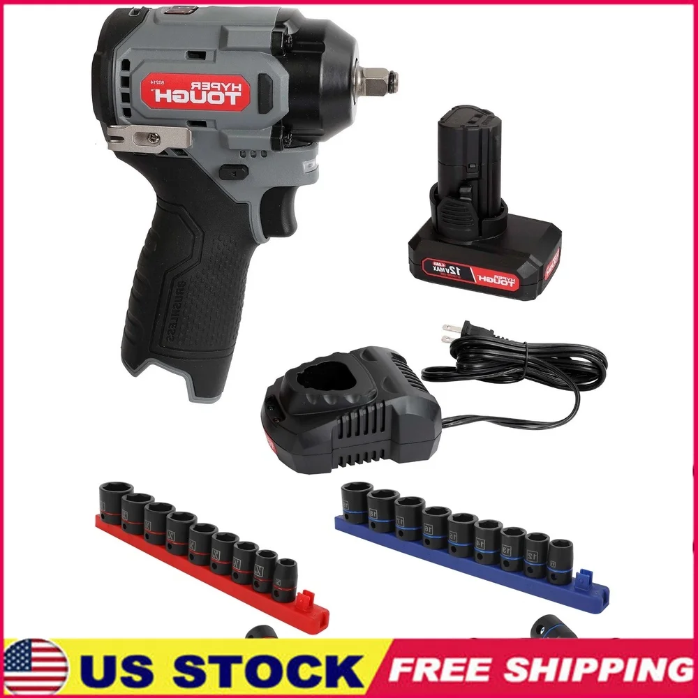 

12V Max Cordless Brushless Impact Wrench 22-Piece SAE Metric Socket Set Durable Chrome Vanadium Steel Battery Powered LED Light