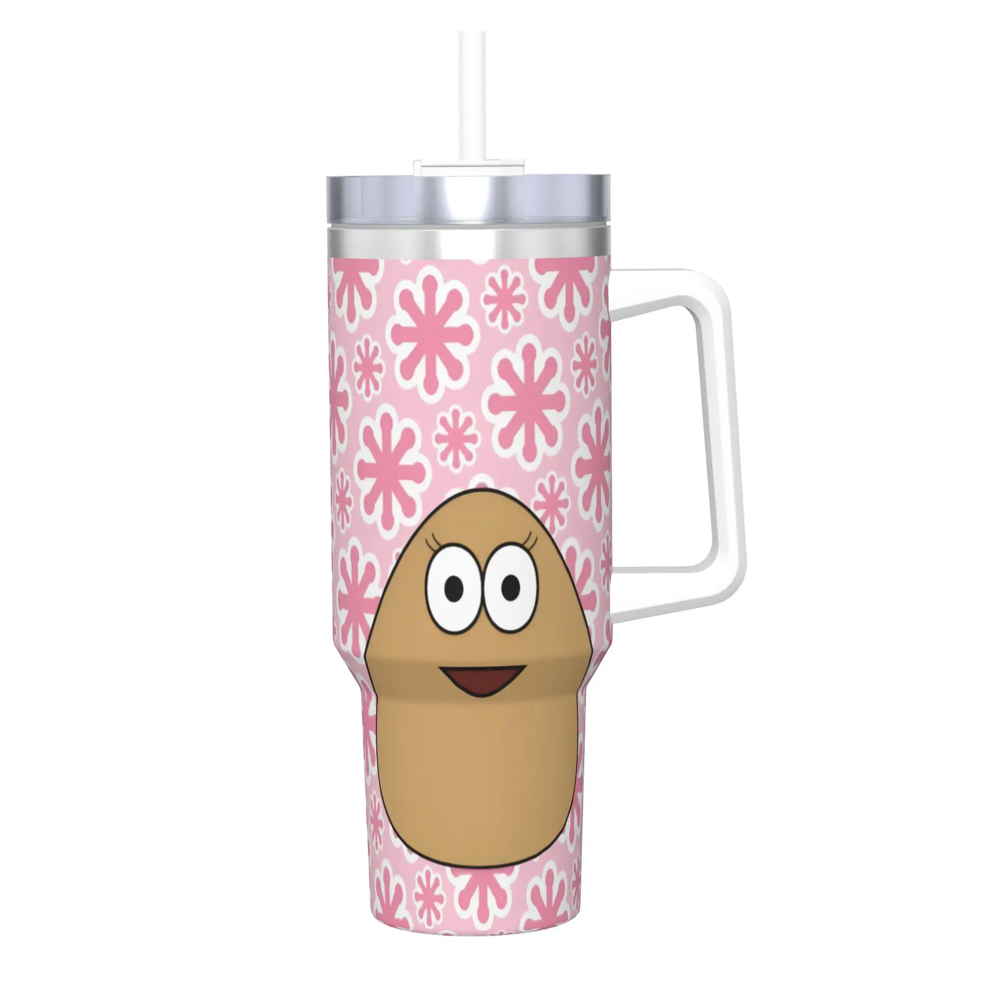 My Pet Alien Pou Tumbler With Straw  Stainless Steel Travel Mug Double Wall Vacuum Insulated for Cold Or Hot 40oz