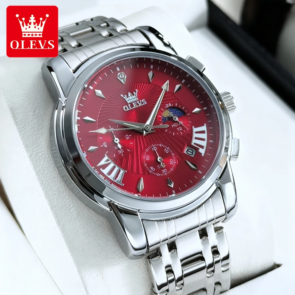 OLEVS Top-Marke Herrenuhren, wasserdicht, feiner Stahl, Original-Quarz-Armbanduhr für Herren, leuchtender Mondphasen-Chronograph, Datum 2892