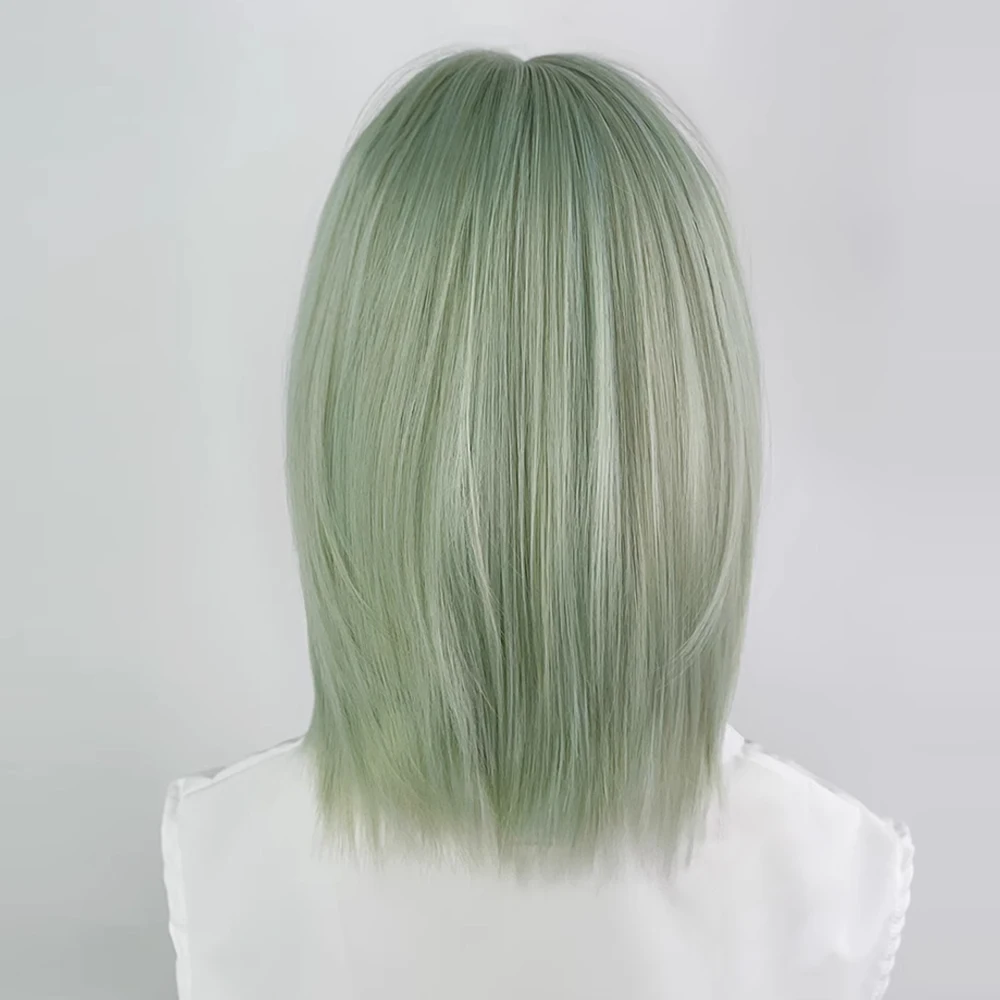 Short Straight Green Bob Wigs with Bangs Lolita Cosplay Fluffy Women Synthetic Wig Heat Resistant for Daily Party