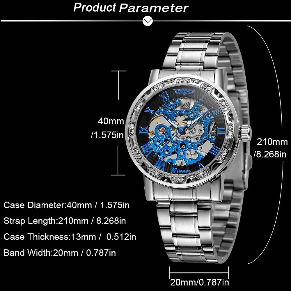 T-WINNER moda prateado azul relógios masculinos esqueleto gravura mecânica luxo strass ponteiros luminosos aço homem relógio de pulso