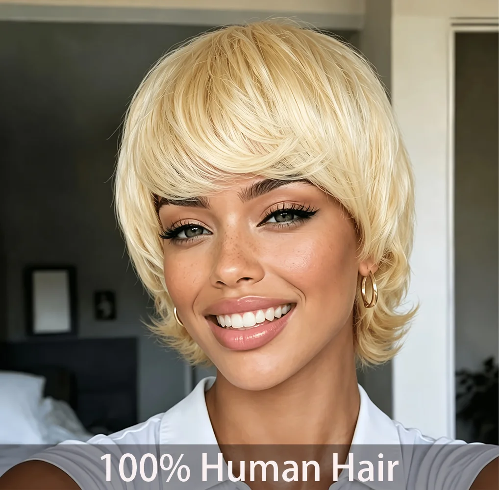 Short 613 Blonde Pixie Cut Wigs Human Hair Wigs With Bangs Straight Layered Style Pixie Cut Wig Short 6 inch 180% Density Real Human Hair Wigs For Women Full Machine Made Wigs For Halloween Christmas Party