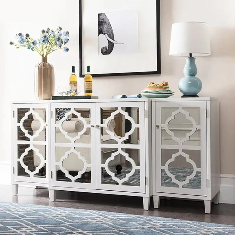 White wooden curved mirror TV stand, holding 55-inch TV for living room cabinet buffet