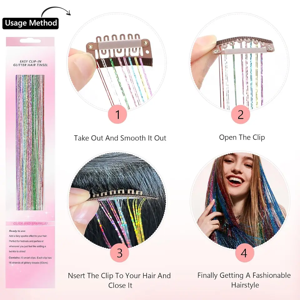 Paquete de 12 tinsel para cabello, accesorios brillantes de colores con clip, extensiones sintéticas 4