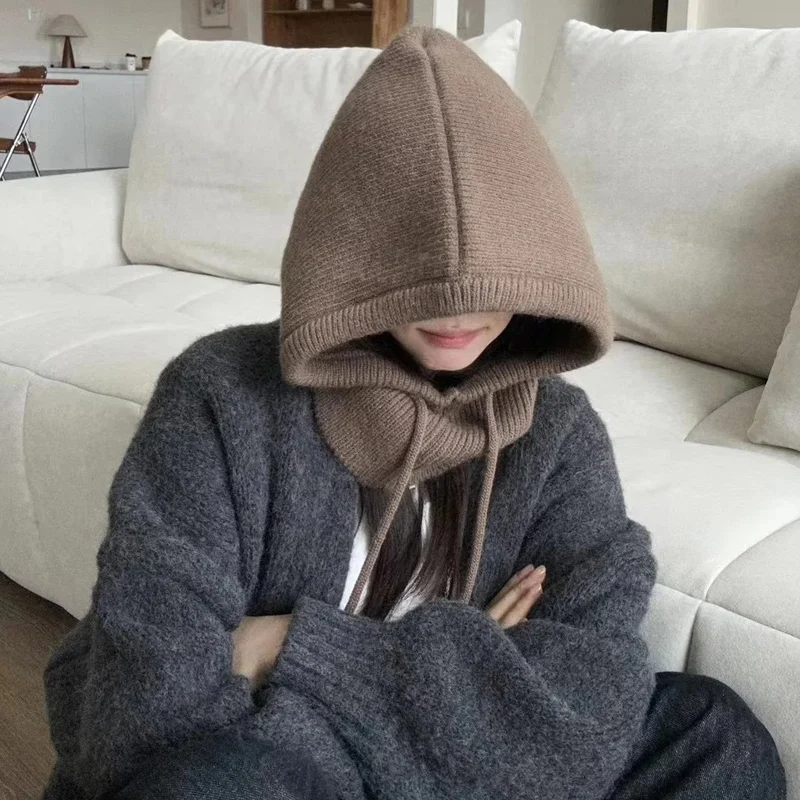 Winter Balaclava Hats For  Women Men  Unisex Knitted Hooded Caps Outdoor Warmer Drawstring Hats  Neck Collar Beanies Caps