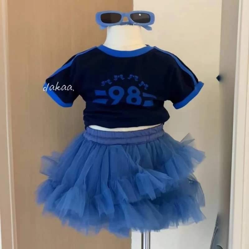 

Girls' Summer New Baby Sports Cheerleader Stylish Short Sleeve+Mesh Puff Dress Set Performance Costume