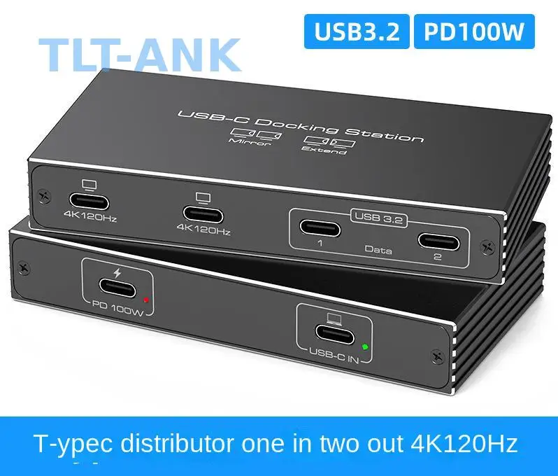 1 in 2 out USB-C Splitter, 4K@120Hz Video Output, 100W PD Fast Charging Docking Station