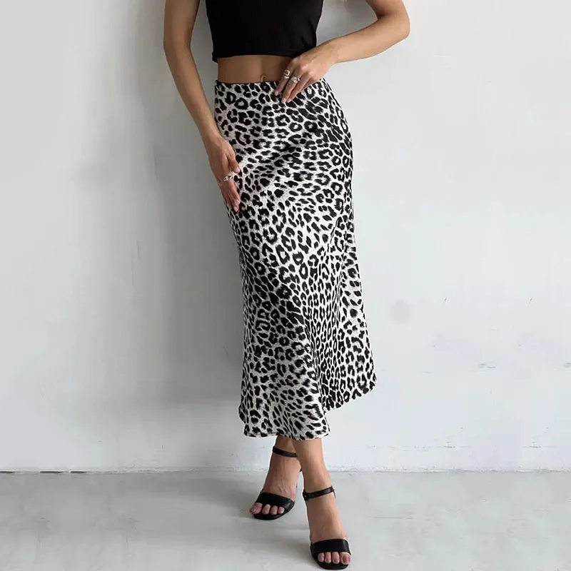 Women Fashion Leopard Print Skirts Vintage Stain High Waist Midi Skirts Women Casual Streetwear Skirts Sexy Women's Dress Skirts