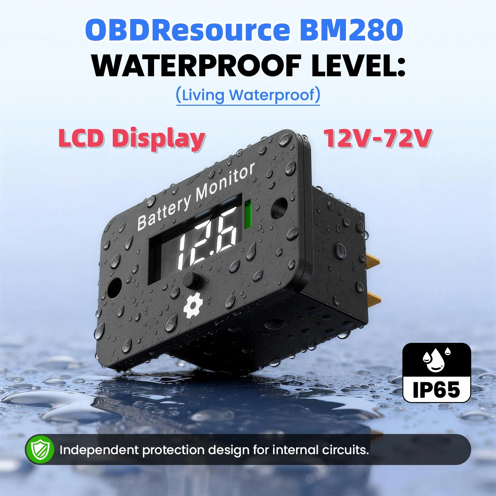 Digital Battery Gauge Waterproof LCD Monitor, BM280 12V-72V Battery Voltage Capacity Tester | Fit Golf Cart EZGO Club Car RV