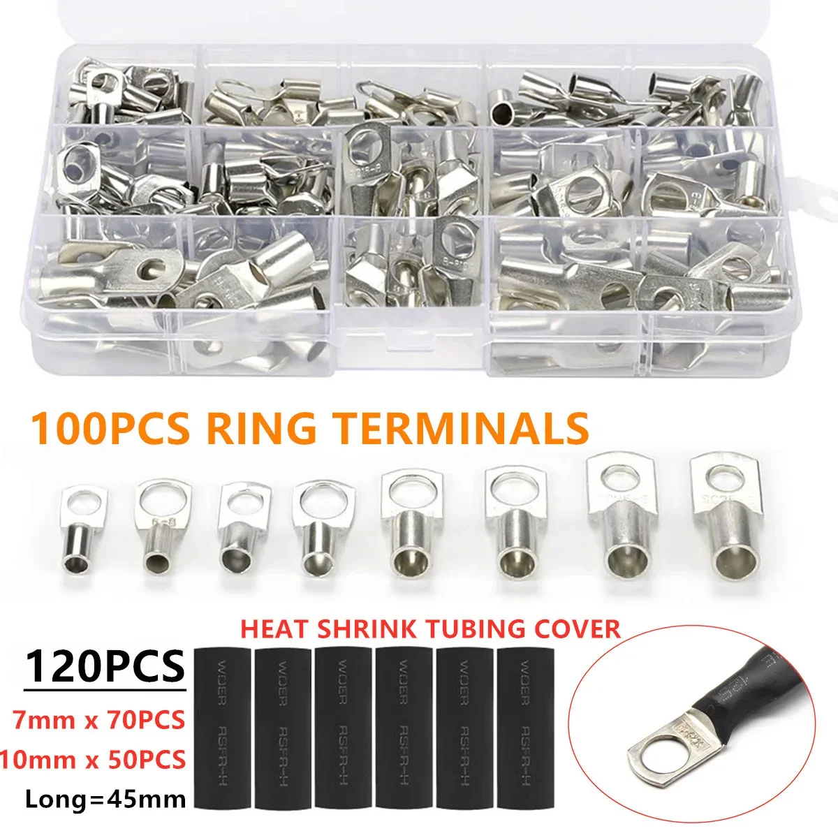 220Pcs Ring Terminal SC Bare Tinned Copper Lugs Terminals Heat Shrink Tubing  Cable Crimped/Soldered Terminal Kit