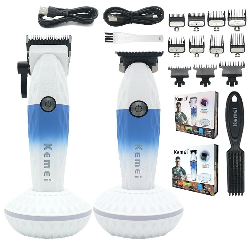 Kemei Professional Hair Clipper Men Kit DLC Blade 10000RPM  Blue Hypoallergenic Knife Net with Base Charger Hair Cutting Machine