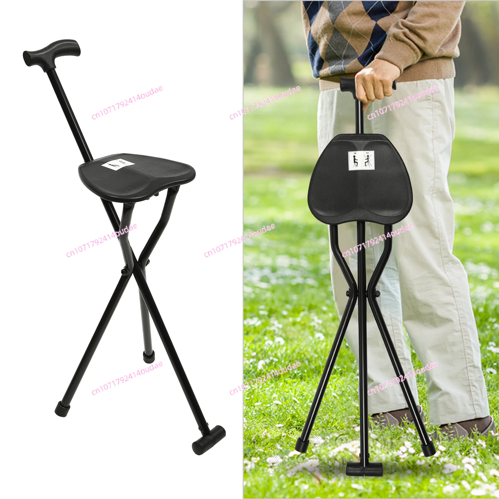 

Portable Folding Walking Cane with Tripod Chair Seat Stool Heavy Duty Adjustable Walking Stick with Seat Folding