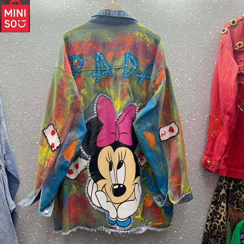 

MINISO New Autumn Heavy Industry Cartoon Beaded Graffiti Casual Loose Printing Denim Jacket Women's Coat Outwear