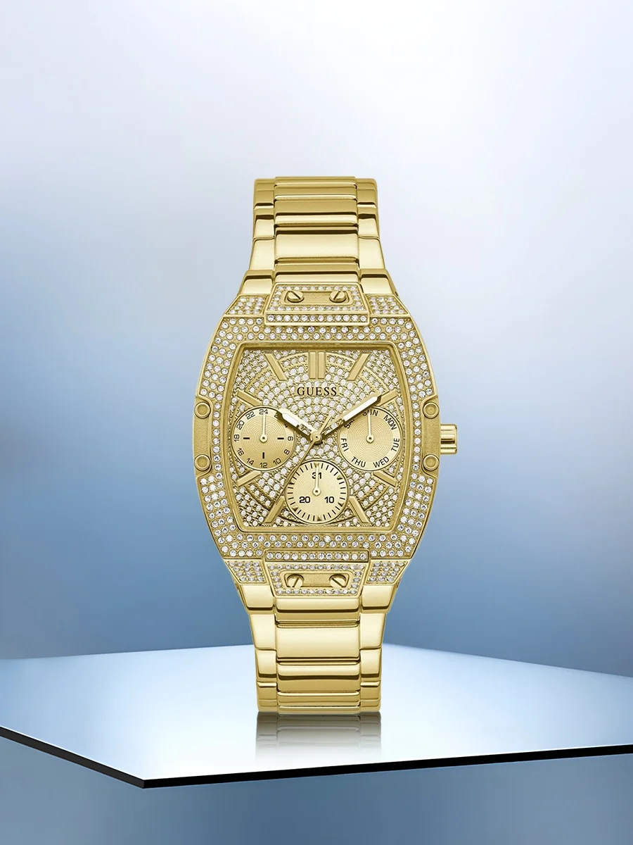 

Часы GUESS класса люкс с золотистым корпусом, многофункциональные, с кристаллами на циферблате, браслет из нержавеющей стали, хронограф, для вечеринок и повседневной носки