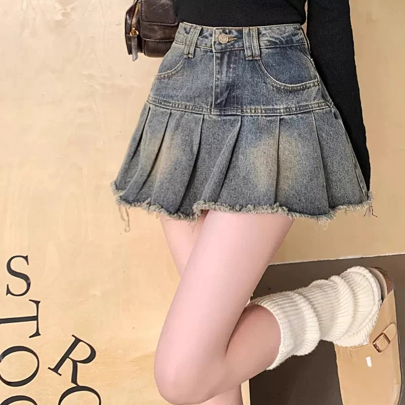 Y2K Casual Solid Women Folds Denim Skirt Korean Ripped High Waist New Female Mini Skirt Fashion Patchwork All Match Ladies Skirt