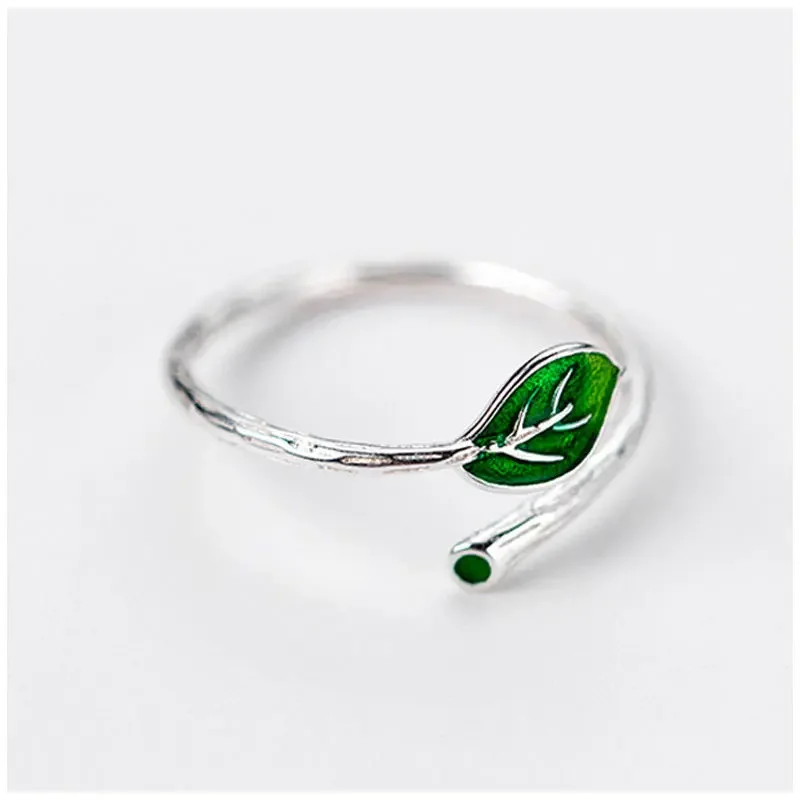 Minimalist Tree Branch Green Leaf Finger Opening Ring For Women Gift Sweet Summer Custom Jewelry