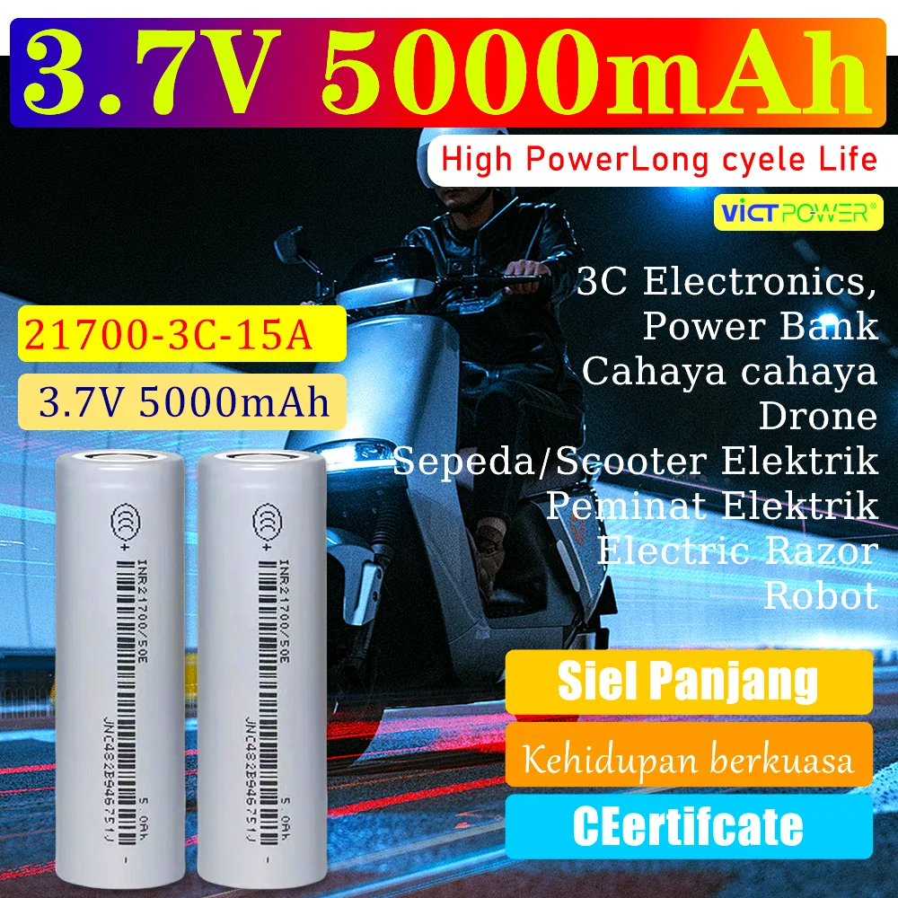 

100pcs Victpower high rate cell 1000 times long life Rechargeable lithium-ion Battery INR21700 50E 5000mAh Battery 3.7V 3C 15A