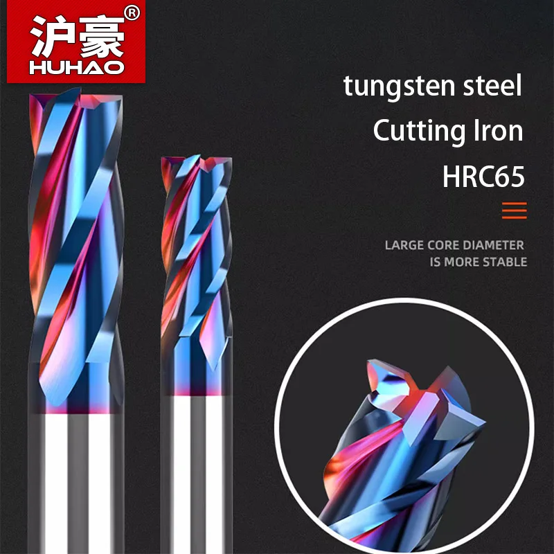 HUHAO Milling Cutter Aluminium HRC65 Carbide End Mill 4 Flute 6mm 8mm CNC Machine Tool Nano-Coating Cutter Cuts Metal Steel