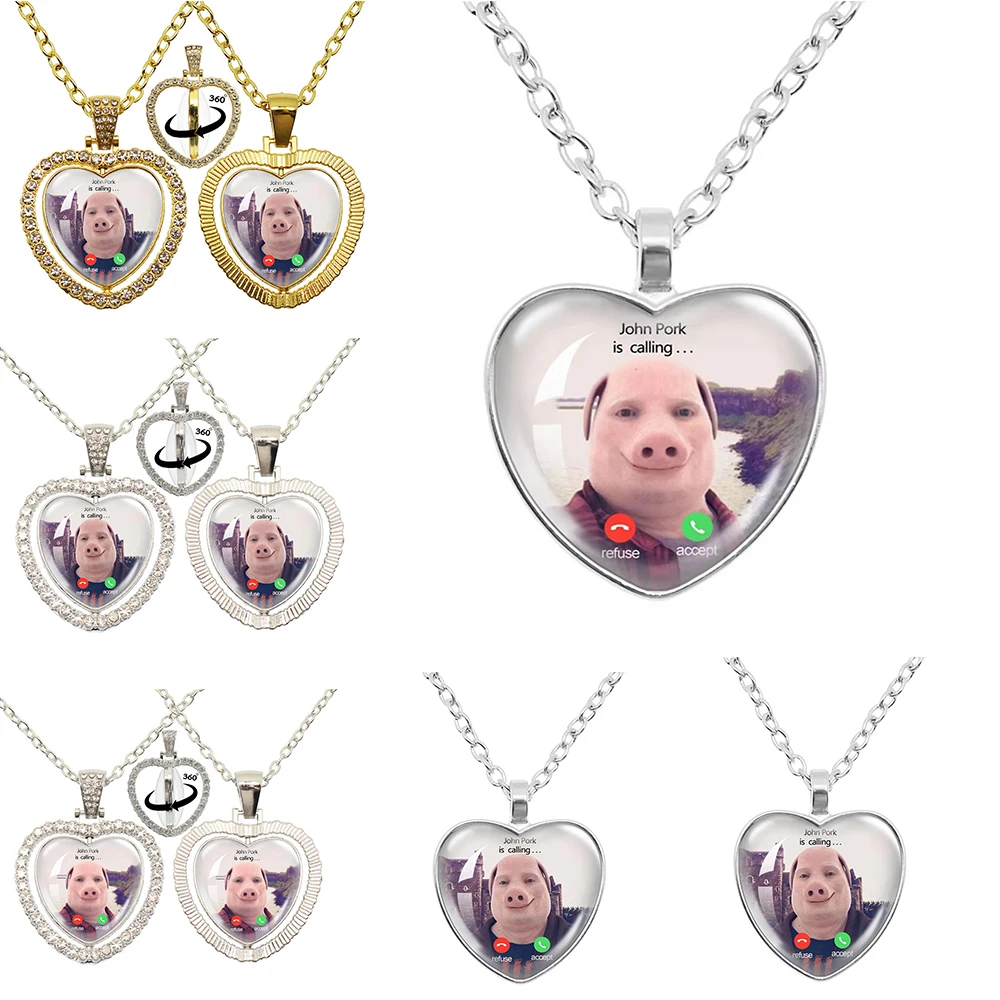John Pork Is Calling Answer Call Phone Humor Funny Pig Lover Graphic Glass Cabochon Heart-Shape Pendant Necklace Jewelry Gift