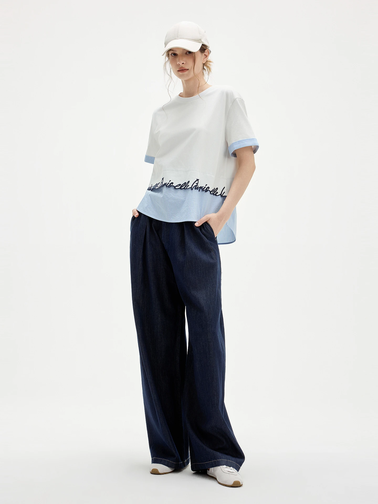 Elle Design Unique Striped Patchwork Short Sleeve Women's T-shirt Commute White Cotton Casual round Neck Top Summer New Arrival