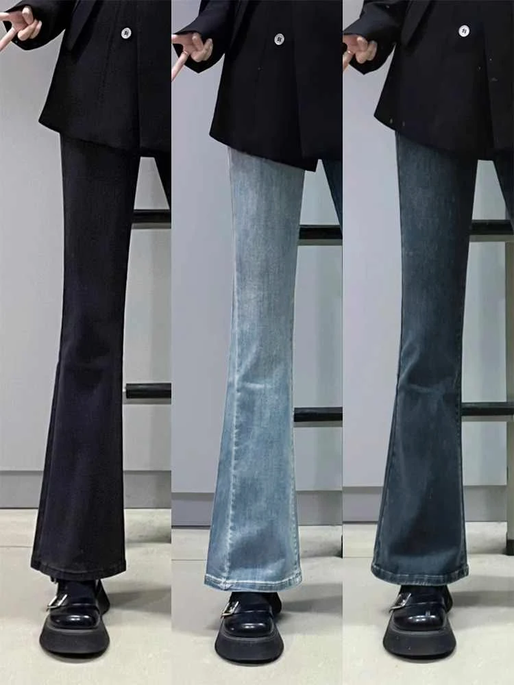 

High Waist American Retro Micro Flare Denim Jeans Women's plus Size Elastic Slimming Long Pants Autumn Winter Cotton Blend