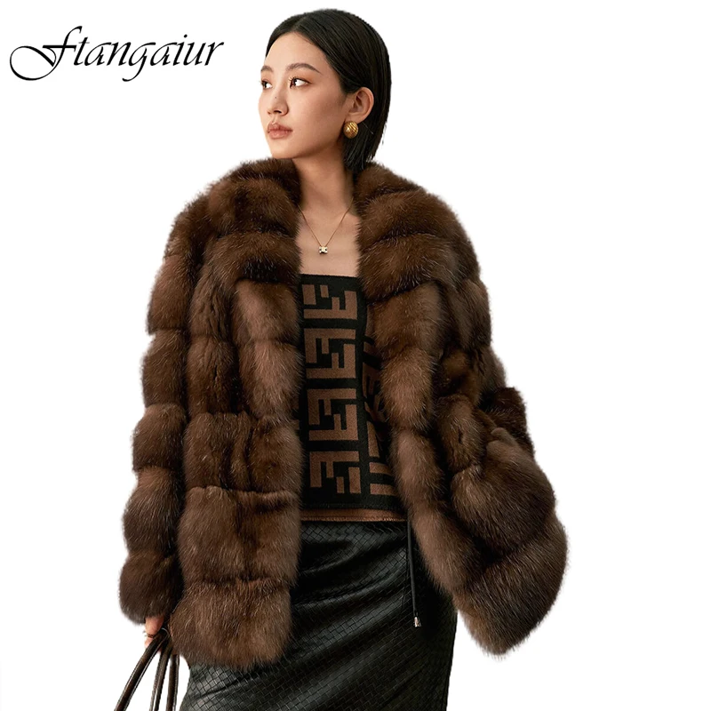 Kurtka zimowa damska Ftangaiur, płaszcz z prawdziwego futra norek rosyjskich, gipsówki, luźny krój, wykładany kołnierz, wysoki poziom luksusu, średniej długości, prawdziwe futro norkowe.