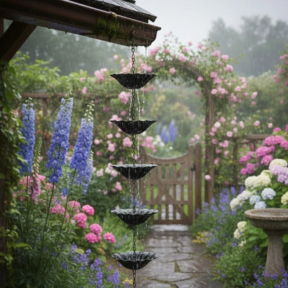 Japanese Style Metal Flowers Rain Chain Weather Resistant 7 Cups Rain Chain for Gutters Corrosion-resistant Hanging Rain Catcher