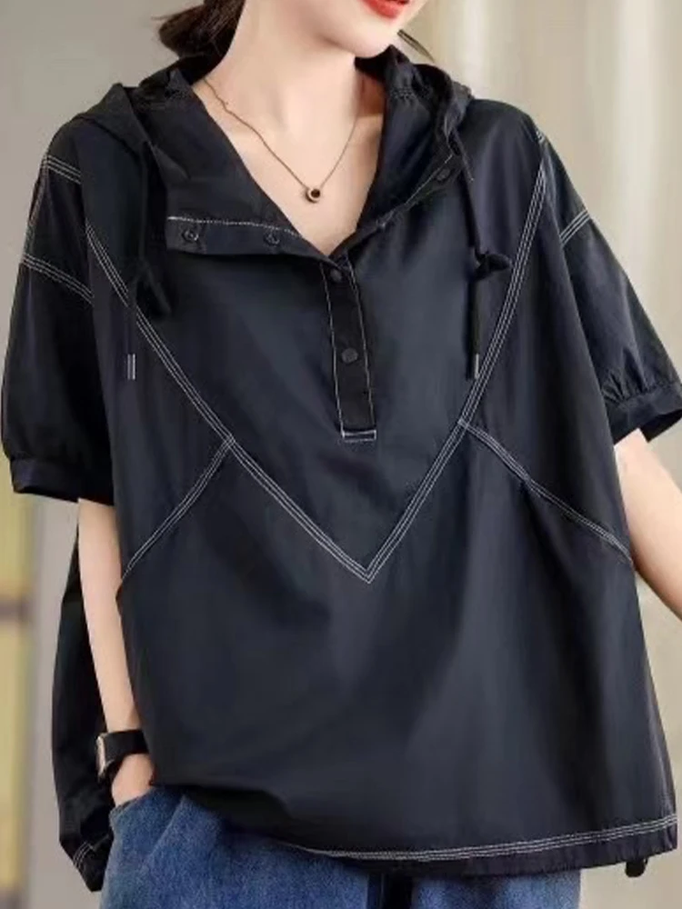 Mass Wasss Summer Korean Design Blouses Womens Leisure Loose Hooded Chiffon Shirts Ladies Luxury Tops Classic Fashion Clothing