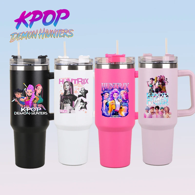

Kpop Demon Hunters 304 stainless steel handle water cup large-capacity With Lid and Straw cup water bottle Drinking Bottles gift