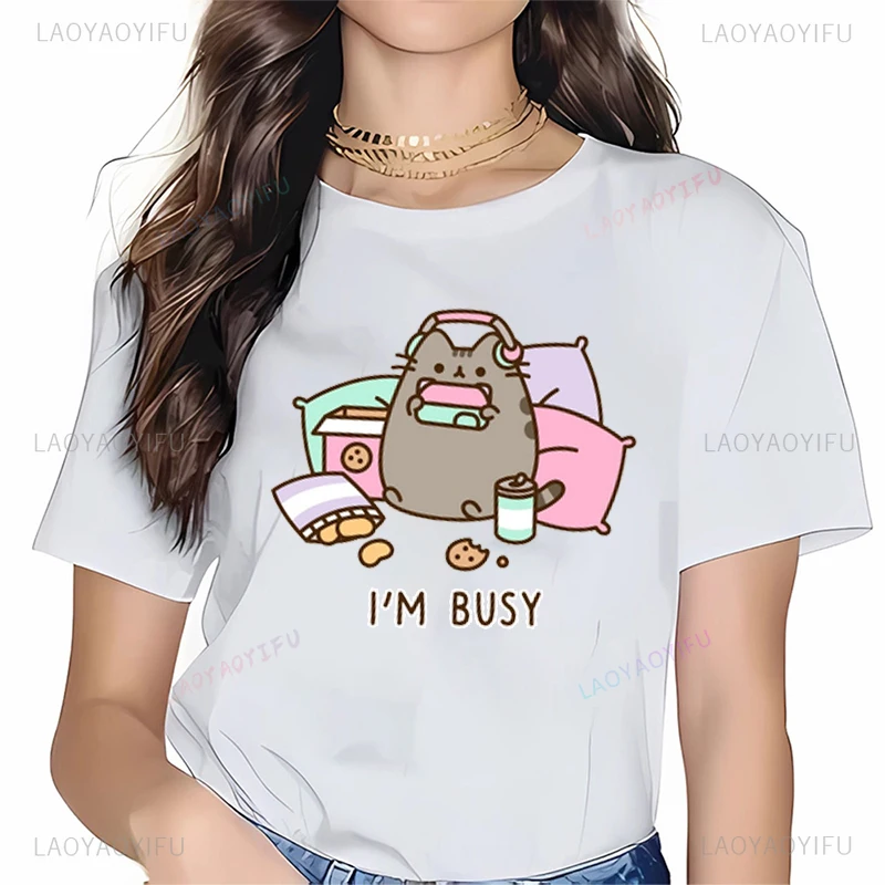 Sorry I'm Busy with Cat Games and Headphones Printed T-shirt Cotton Loose Short Sleeve Round Neck Everyday Street Wear Clothes