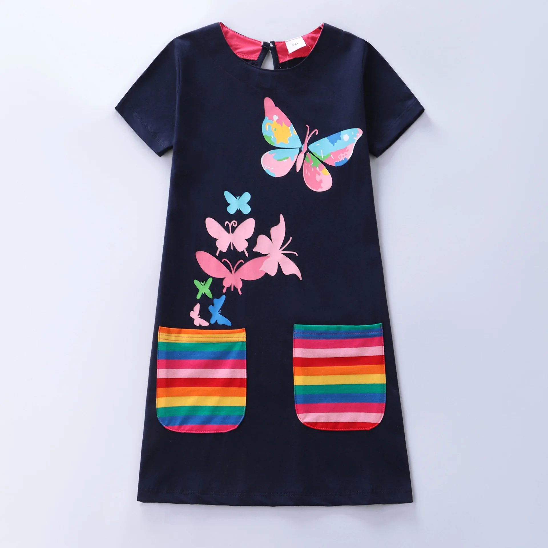 Girl Butterfly Print Casual Girl Summer Lovely Rainbow Pocket A-line Cotton Dress SH5815