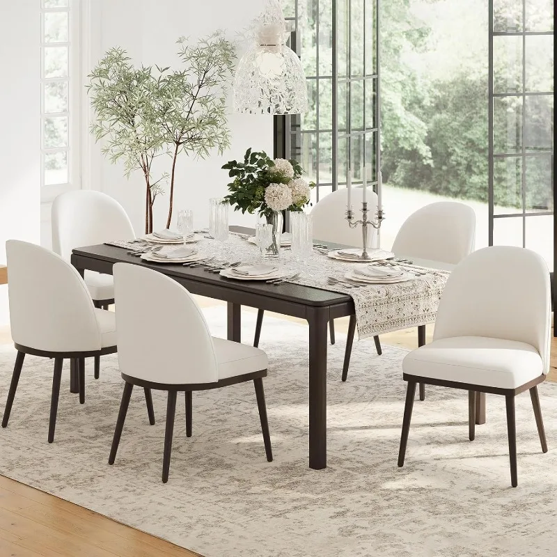 Upholstered Dining Chairs Set of 6,Wooden Dining Room Kitchen Chairs with Wood Frame Curved Backrest,Modern Fabric Dinner Chairs