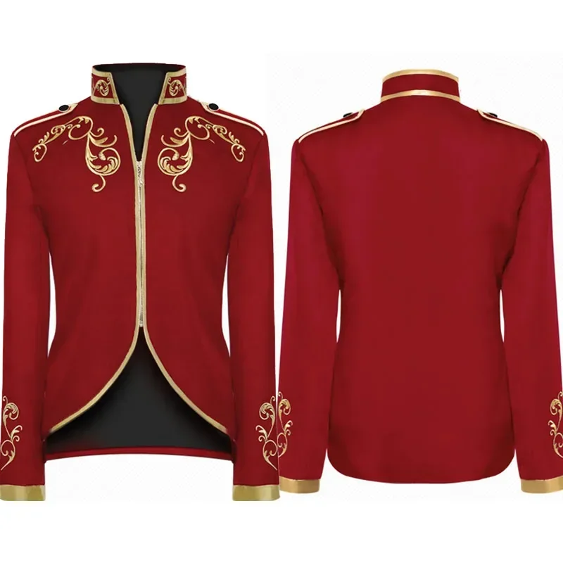 Vintage Men\'s Medieval Jacket Coat Embroidery Zip Up Stand Collar Prince King Cosplay Costume Victorian Golden Jacket Top