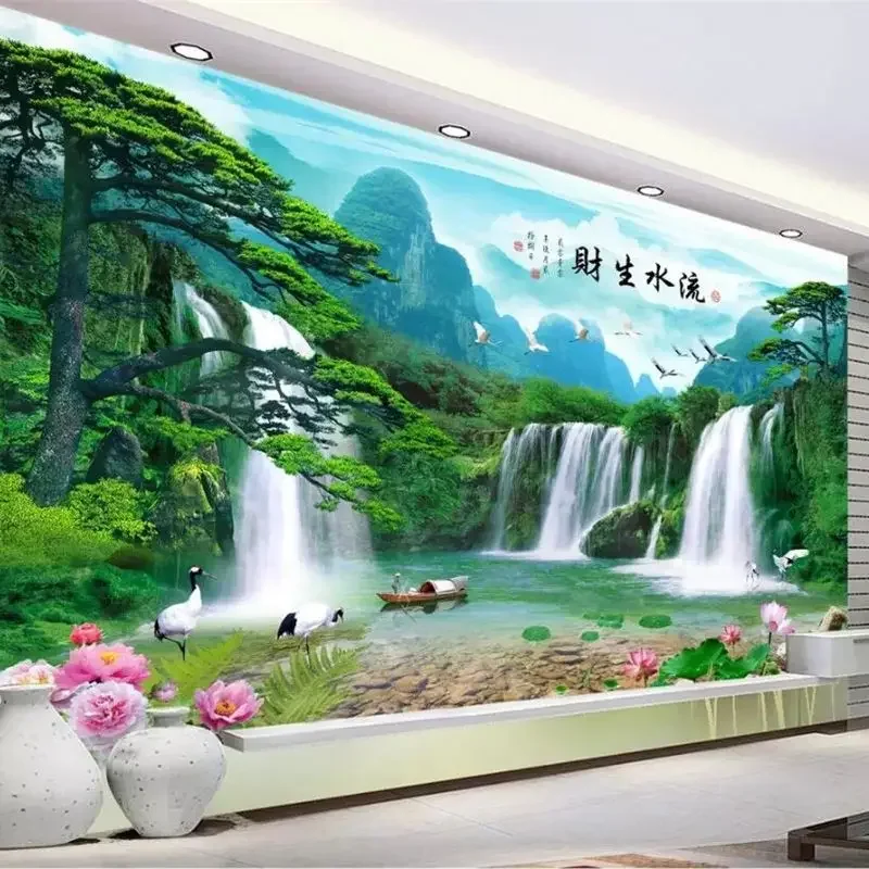 Custom wallpaper 3d mural Chinese painting Landscape Water Flow Choi backdrop wall production rockery water stone waterfall art