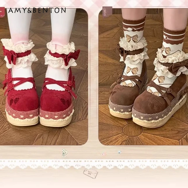 

Original Pastoral Style Cute Strawberry Embroidery Wood Grain Thick Sole Shoes Lolita Sweet Plaid Lace Thick Sole High Heels