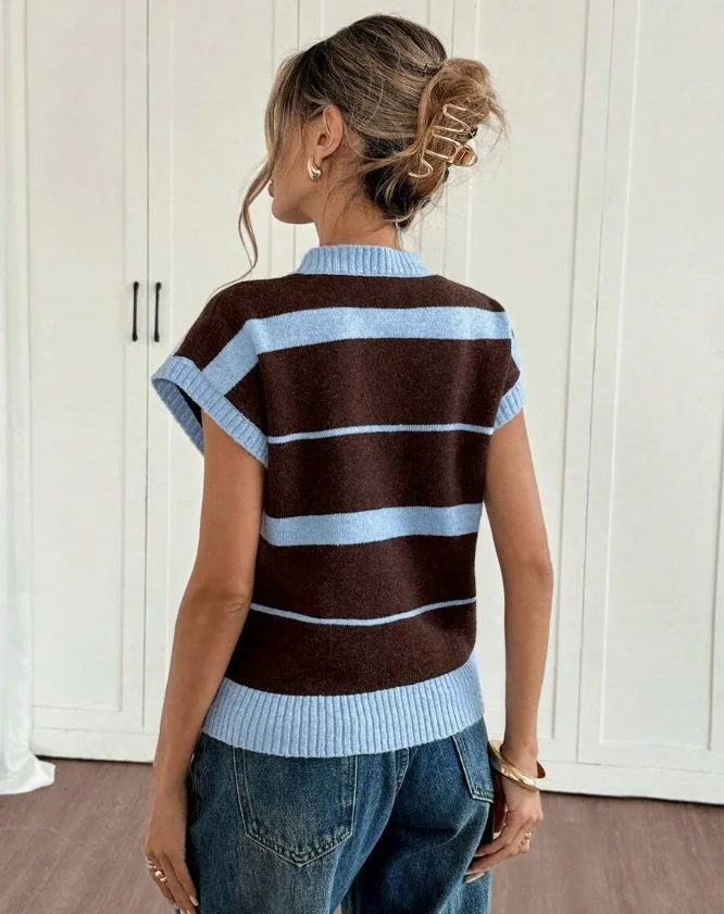 Ladies Striped round Neck Knitted Short Sleeve Casual Versatile Simple Fashion Suitable for Spring Summer Daily Commuting Outdoo