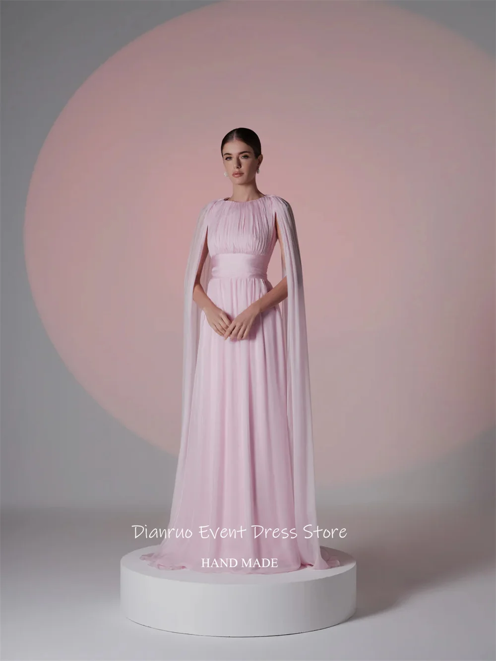 Dianruo-vestido de Noche rosa con mangas tipo capa, Vestidos de gasa fluidos Para Mujer, corte en A, escote redondo, personalizado