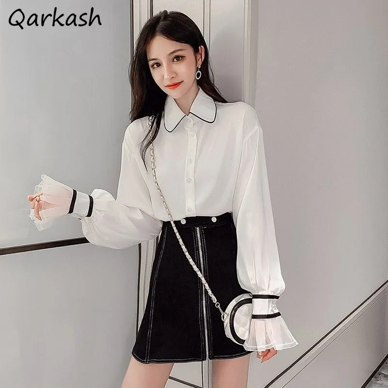 

Long Flare Sleeve Shirts Women Striped Baggy Casual Tops Single Breasted Peter Pan Collar Mesh Patchwork Simple Stylish Loose