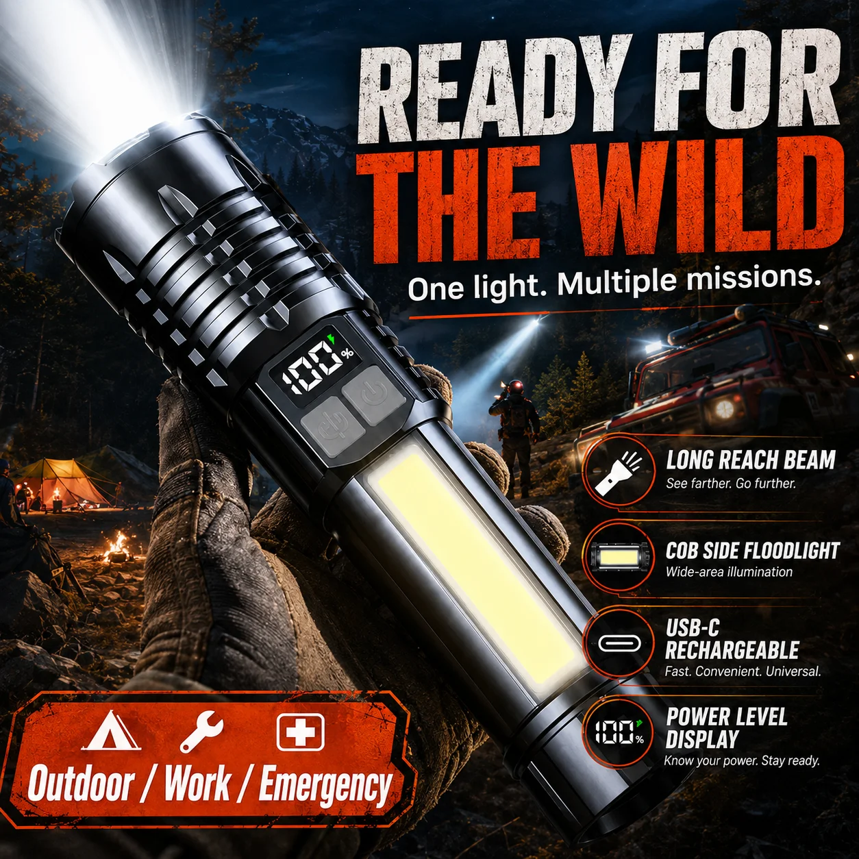 100000LM Super Bright Rechargeable LED Flashlight Long‑Range Tactical Torch Waterproof for Outdoor Camping Fishing Emergency Use