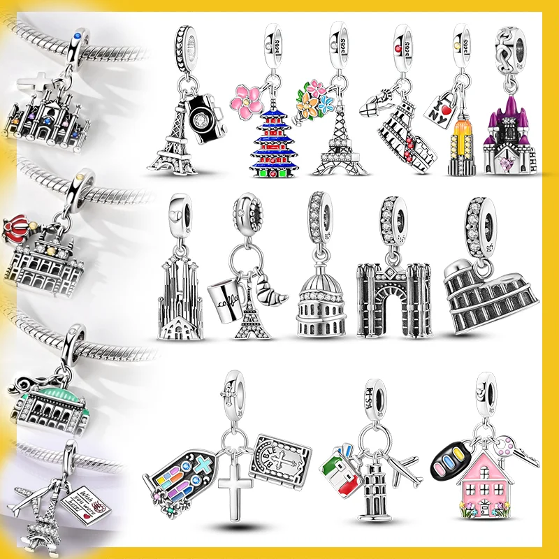 New Original 925 Sterling Silver Charms Beads Colosseum Eiffel Tower Pendant For Woman Jewelry Making DIY Gift