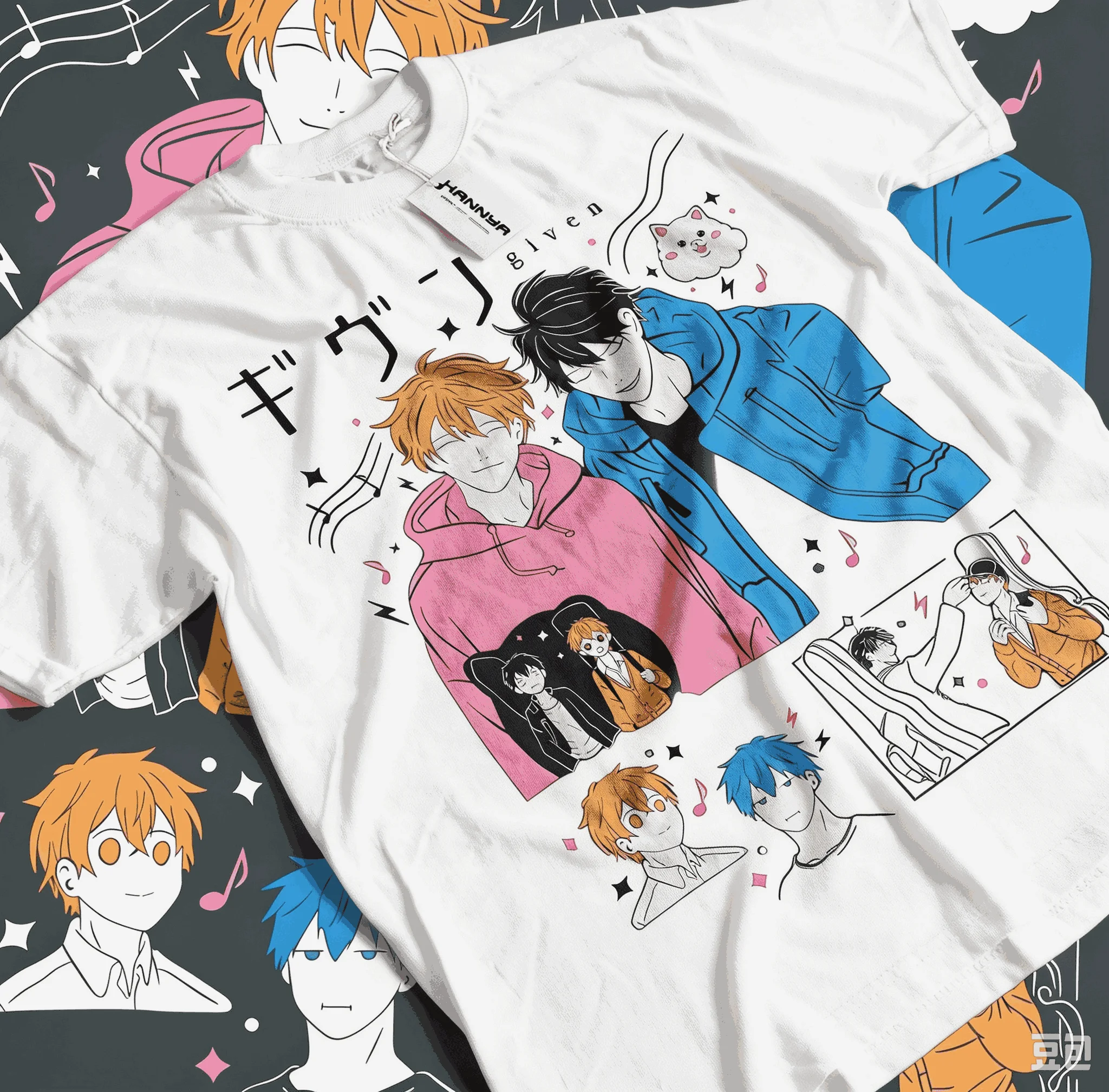 Given Anime Band Tee Unisex Short Sleeve Retro Music Note Multi‑Panel Character Graphic Harajuku Casual Summer Crew Neck T‑Shirt