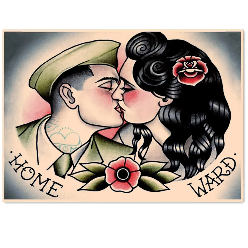 HOME WARD Tattoo Art Poster and Prints Wall Hanging Pictures Vintage Kraft Paper Inkjet Print Painting Bedroom Living Room Decor