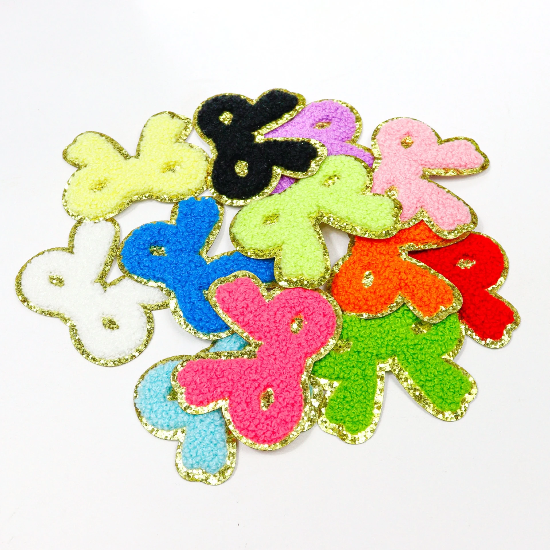 5 Stück/Set Glitzer-Chenille-Schleifen-Aufnäher, bestickte Aufnäher mit Goldrand zum Aufbügeln für DIY-Nähprojekte, Applikationen, Kleidungszubehör – Detail 6