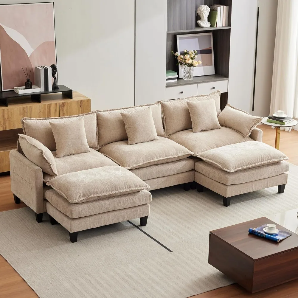 

112.2" U-Shaped Sectional Cloud Couch, Modular Sectional Couches Sofa for Living Room with Movable Ottoman, 3-Seater Chenille De