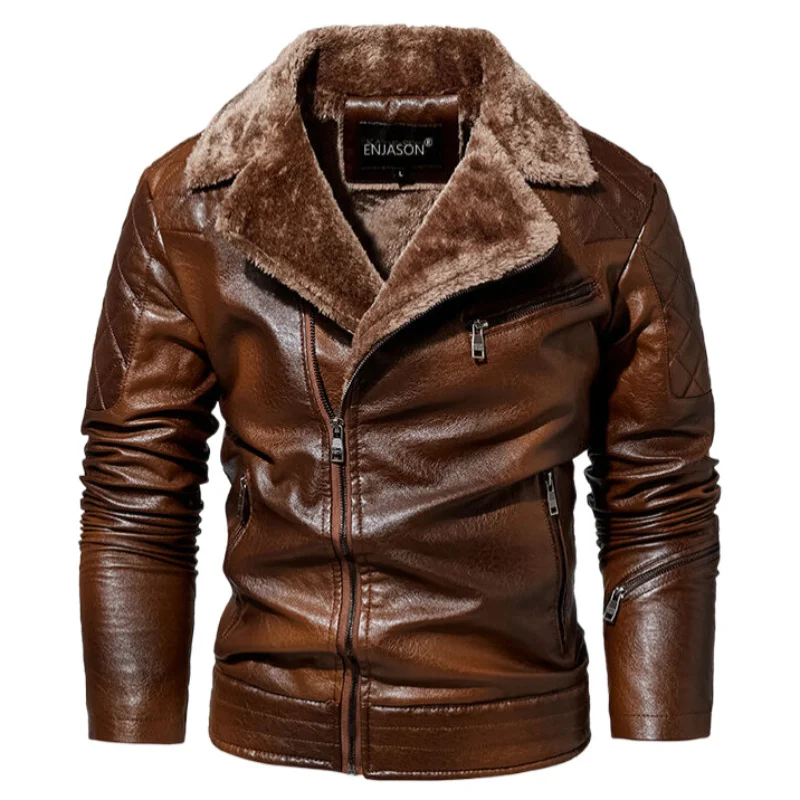 

New Autumn Winter Fleece Leather Jacket Men High Quality Motorcycle Outdoor Furcoat Slim Fit Biker PU Coat Male