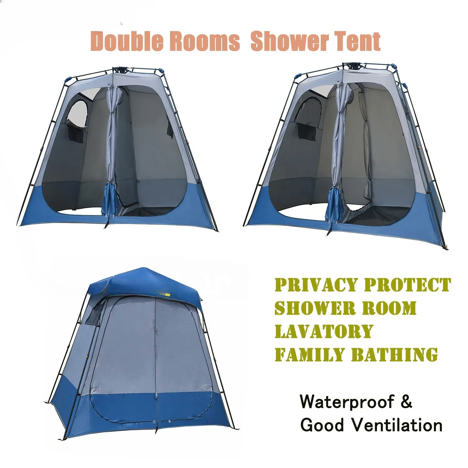 Pop Up Instant Portable Camping Privacy  Double  Room Shower Tent, 2 Rooms Camping Toilet, One Bathing Room and One Lavatory,