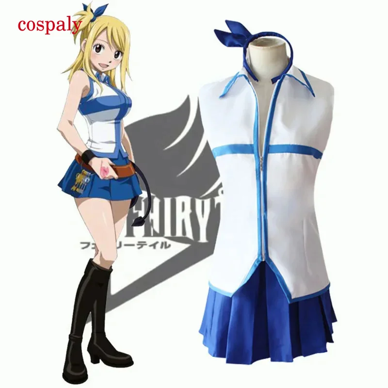 Anime Fairy Tail Lucy Heartfilia Cosplay Costume Top Skirt Haircut Set Halloween Makeup Party Prop